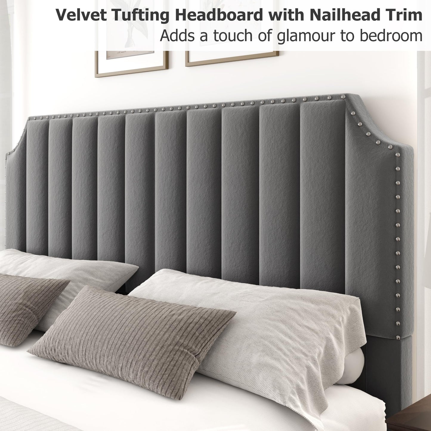 GarveeHome King Size Platform Bed Frame with 50.2 in Headboard, Velvet Upholstered Bed Frame with Vertical Channel Tufted Headboard & Footboard, Nailhead Trim, No Box Spring Needed, Grey