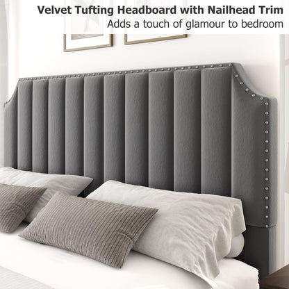 GarveeHome King Size Platform Bed Frame with 50.2 in Headboard, Velvet Upholstered Bed Frame with Vertical Channel Tufted Headboard & Footboard, Nailhead Trim, No Box Spring Needed, Grey