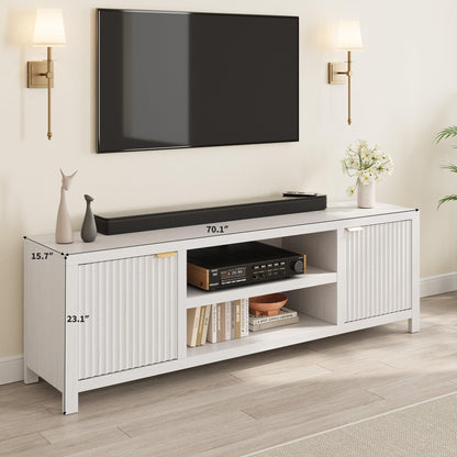 IDEALHOUSE Fluted TV Stand for 75+ Inch, Modern Entertainment Center with 2-Tier Storage & Adjustable Shelves, Media Console Cabinet with 2 Fluted Doors and Gold Handle for Living Room, Bedroom, White