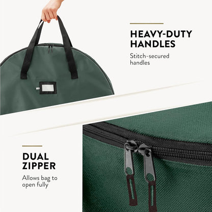 ZOBER Christmas Wreath Storage Bag - 30 Inch Waterproof Oxford Container with Dual Zippers & Durable Handles - Green
