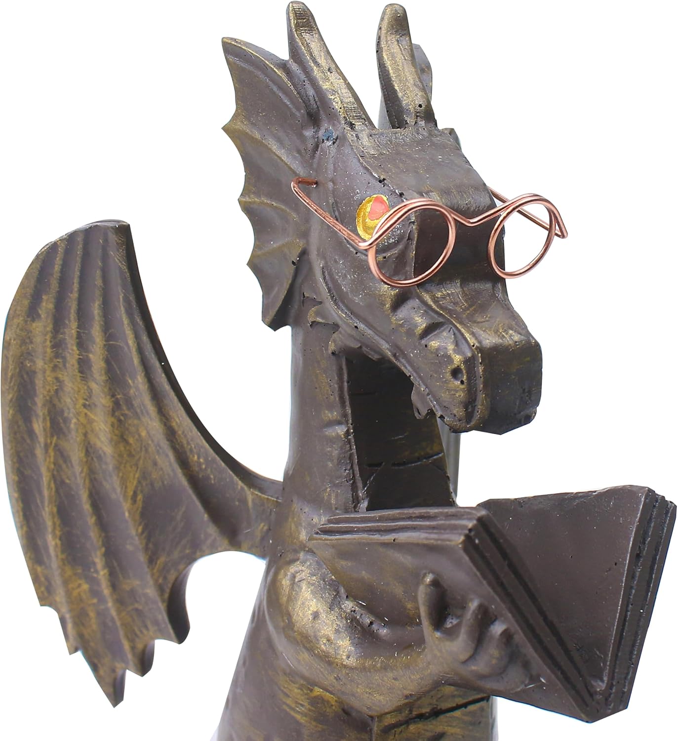 Dragon Reading Book Statue Figurine Sculpture, Wearing Glass Dinosaur Mini Cute Small Creative Ornament for Garden