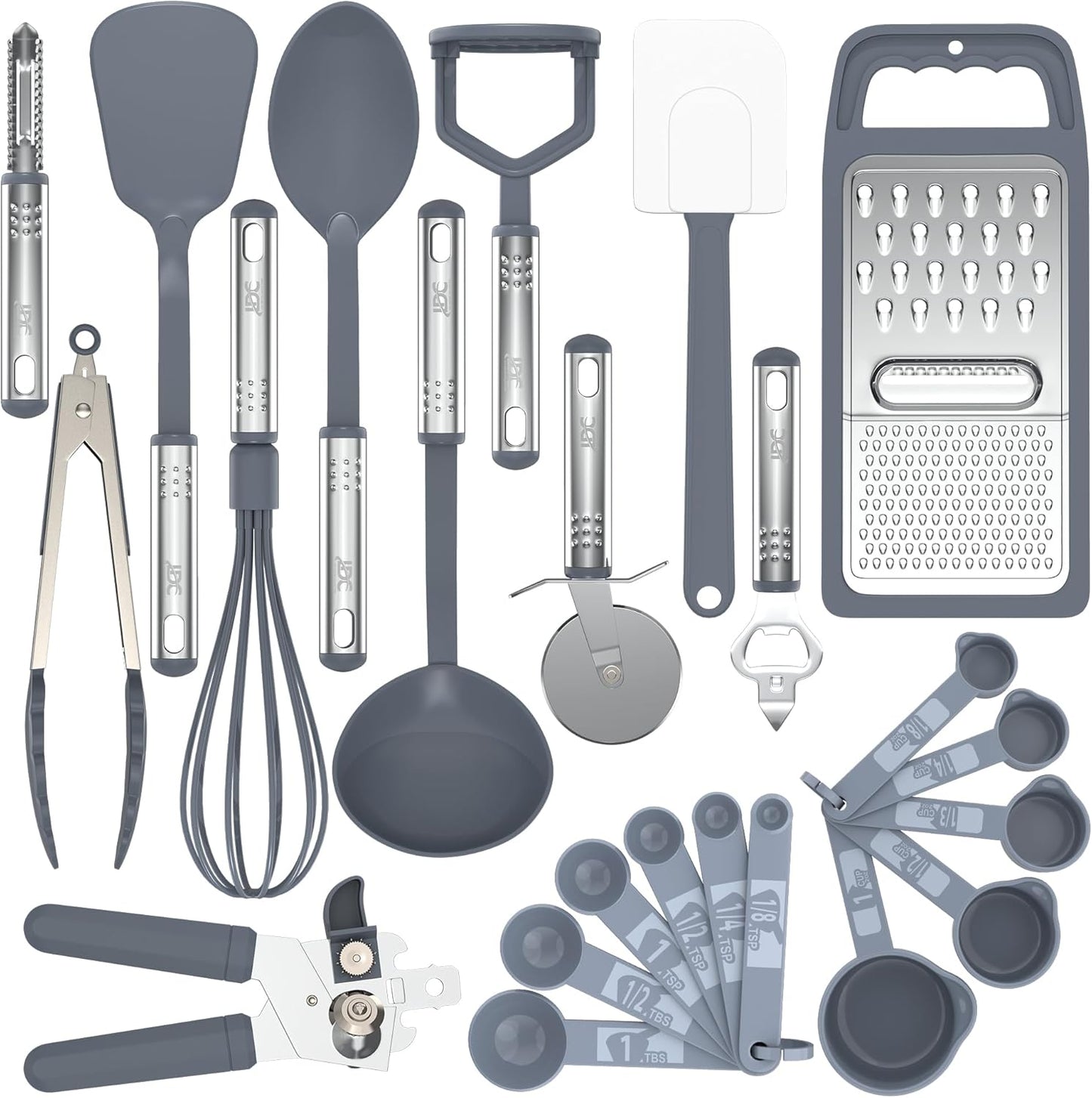 LUX Decor 23 PCS Kitchen Utensils Set - Non-Stick Nylon Cooking Spatula Set with Stainless Steel Handles - Grey