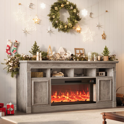 Garvee 68" Farmhouse Electric Fireplace TV Stand, Entertainment Center with Open Storage Cabinets for TVs up to 75", Media Console for Living Room,Grey