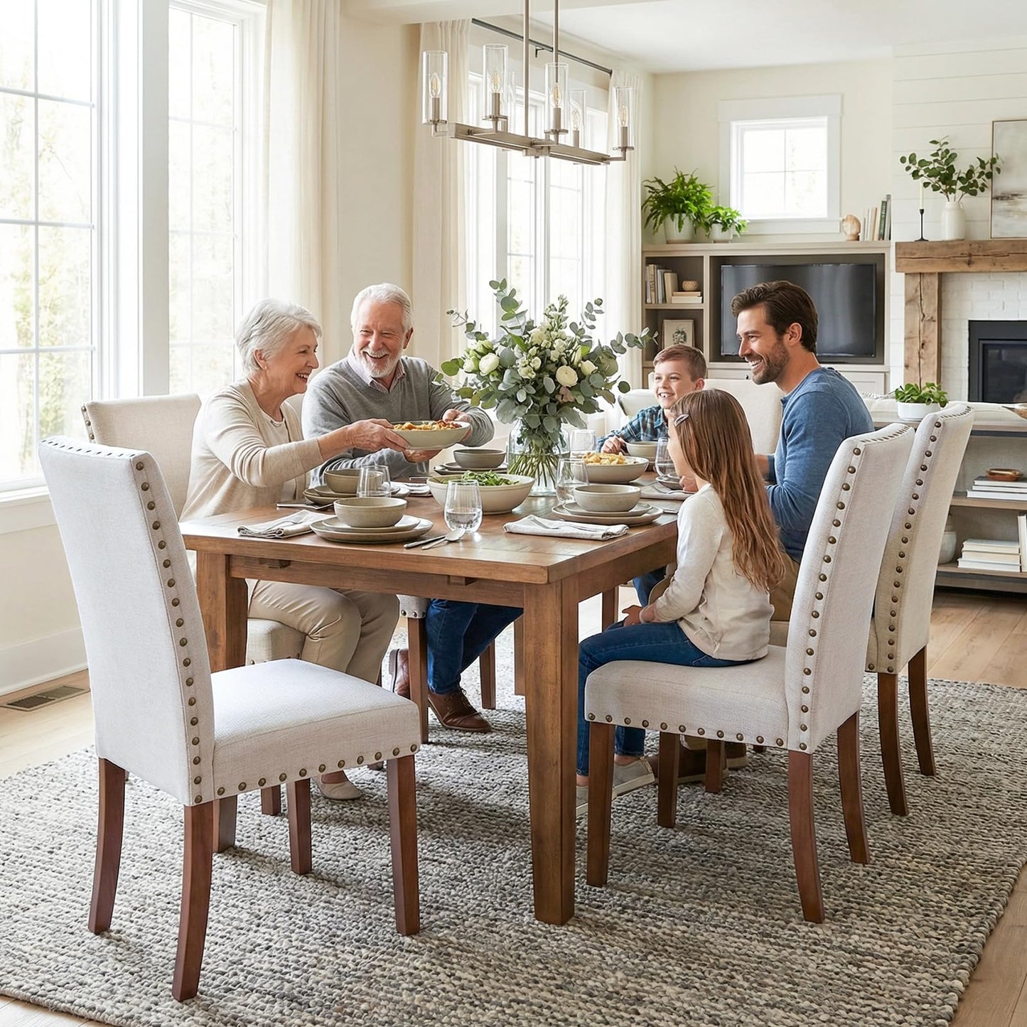COLAMY Upholstered High Back Dining Room Chairs Set of 4 with Comfortable Padded Seat, Fabric Dining Chairs with Solid Rubber Wood Legs for Dining Room, Classic Gray Damask Pattern, Beige