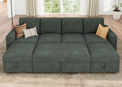 HONBAY Modular Sectional Sleeper Sofa Bed, Corduroy Pull Out Couch with Storage Ottoman, U Shaped Sectional Couches for Living Room, Green