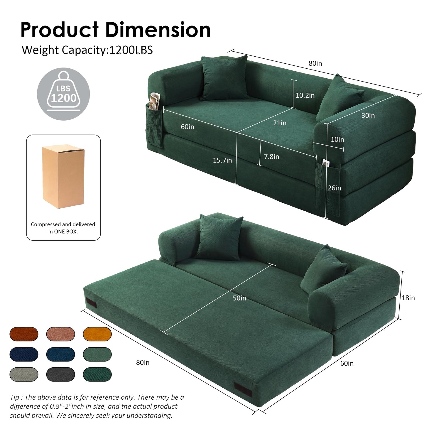 80" Convertible Sofa Bed, 3-in-1 Corduroy Folding Pull Out Couch with Pillows, No Assembly Modern Boneless Couch Compression Sofa in Box, Floor Sofa with Side Storage Pocket for Living Room,Dark Green