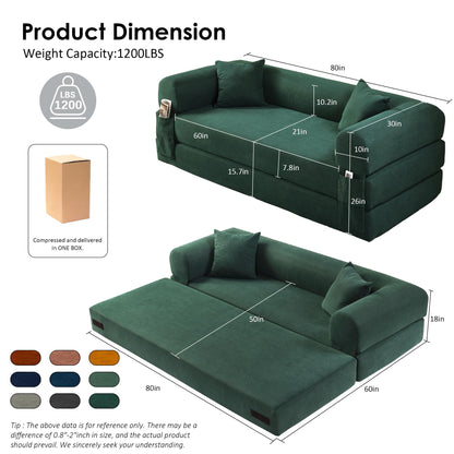 80" Convertible Sofa Bed, 3-in-1 Corduroy Folding Pull Out Couch with Pillows, No Assembly Modern Boneless Couch Compression Sofa in Box, Floor Sofa with Side Storage Pocket for Living Room,Dark Green