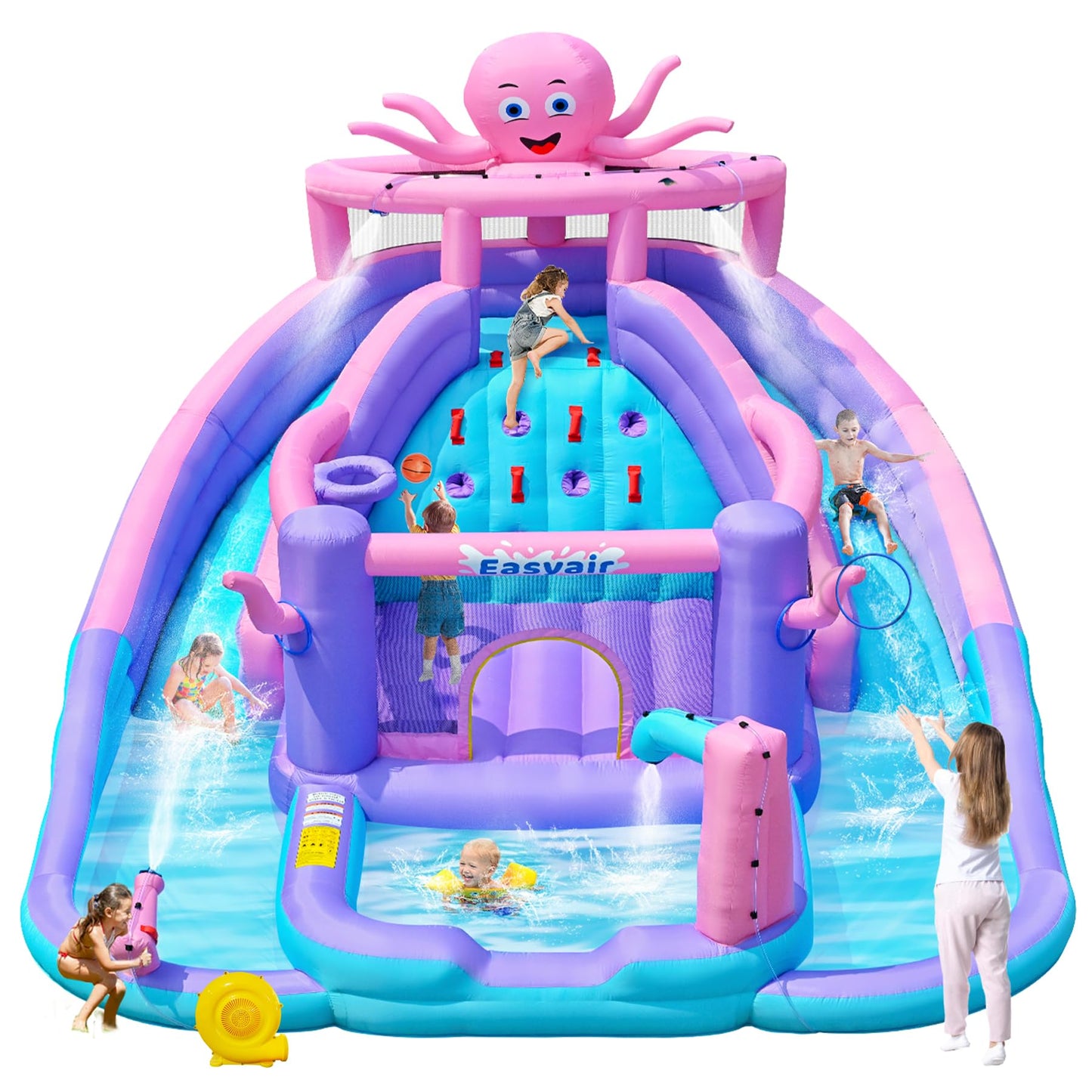 Easyair Inflatable Bounce House Water Slide Combo, Blow Up Water Slides for Backyard, Kids Jumper with Climbing Wall, Basketball Hoop, Splash Pool with Blower