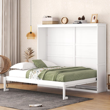 Ball & Cast Murphy Bed Queen Size,Farmhouse Murphy Cabinet with Storage Shelf,Wood Hidden Wall Bed,Foldable Platform Bed,Space-Saving,No Box Spring Needed,White