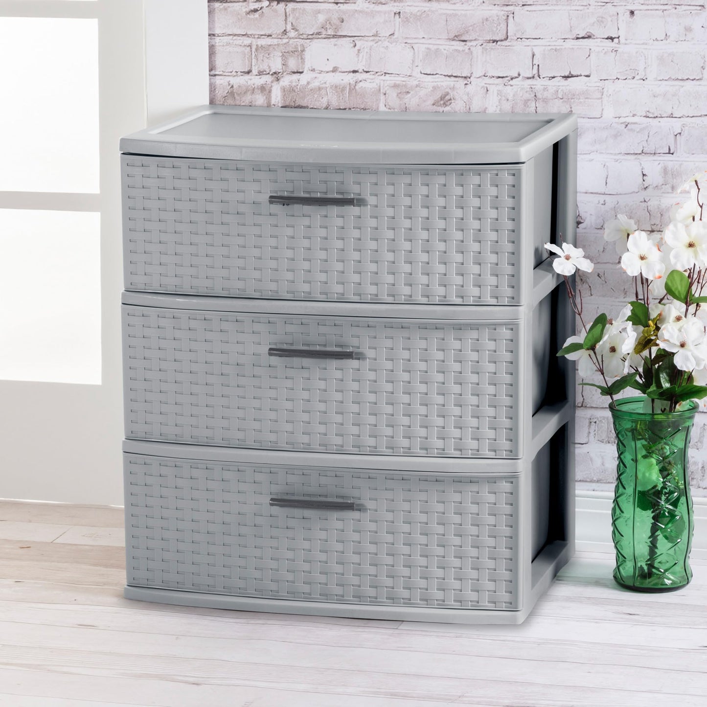 Sterilite 2-Pack 3-Drawer Wide Weave Tower, Storage Closet Organizer, Cement - Plastic Drawers and Containers for Bedroom, Cabinet, Clothes, Dresser, and Kitchen Pantry Organization