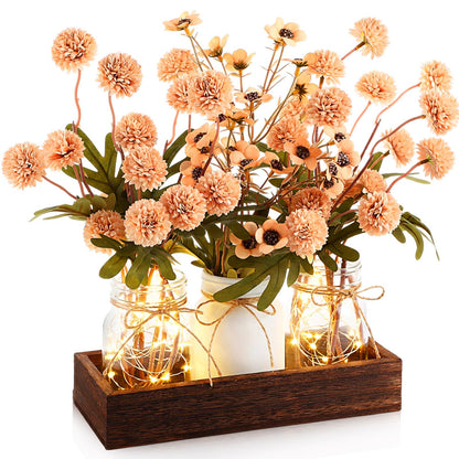 Suncalla 3 Pcs Summer Mason Jar Centerpiece Table Decorations Khaki Faux Kiku Flowers Decorations with Wood Tray and LED Light for Dining Kitchen Bathroom Farmhouse Coffee Table Decor