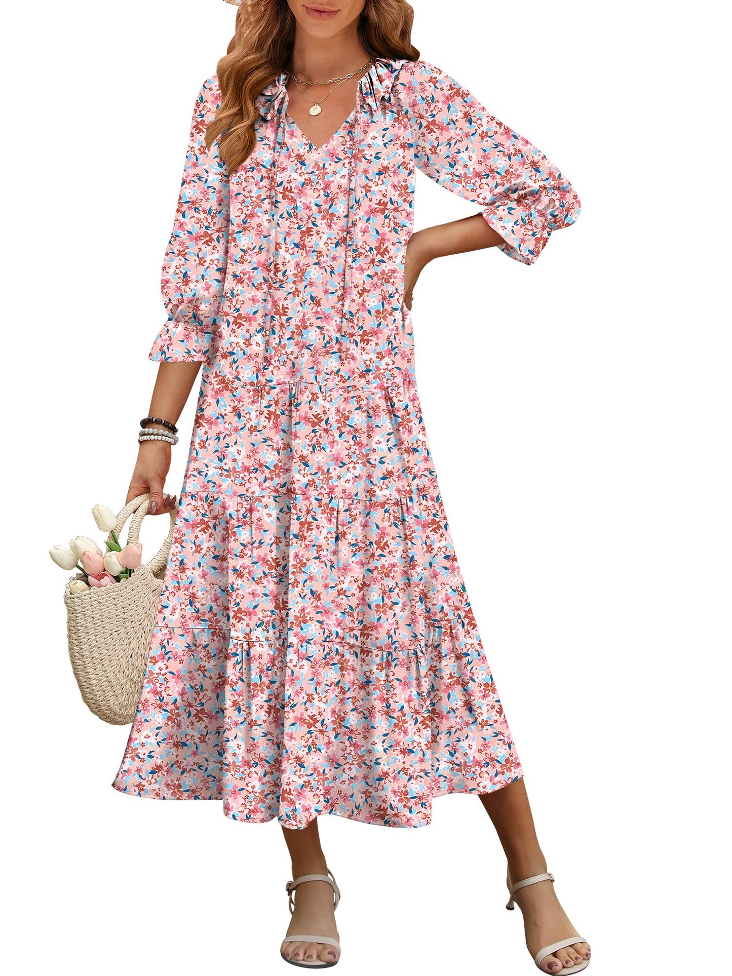 ANRABESS Women's Boho Maxi Dresses 2025 Summer Casual V Neck Puff Sleeve Floral Tiered Flowy Swing Beach Vacation Long Dress