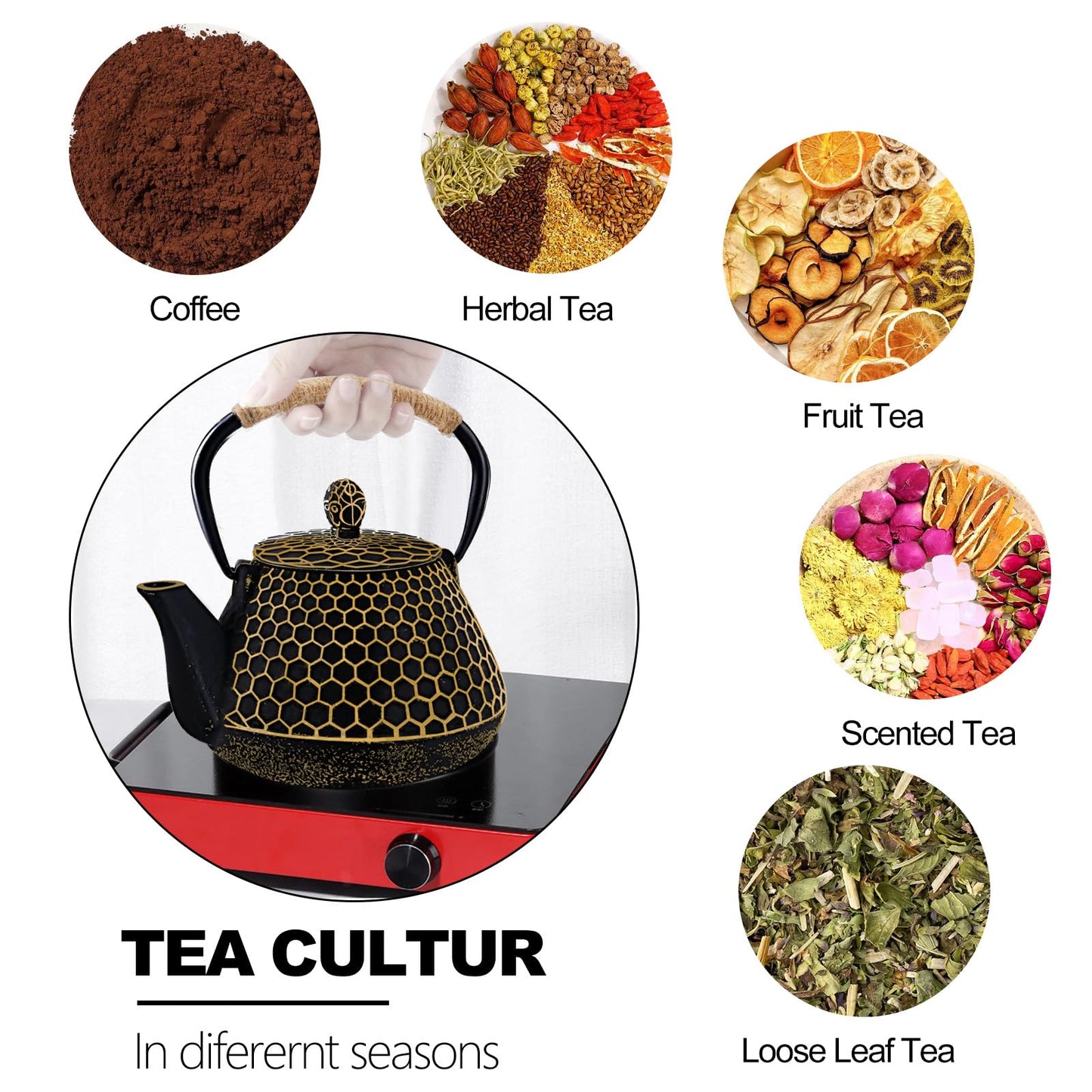 Cast Iron Tea Pot - Honeycomb Pattern Tea Kettle with Tea Leaf Infuser,Stovetop Tea Kettle Coated with Enameled Interior,Suitable for Brewing Loose Leaf Tea (Gold)
