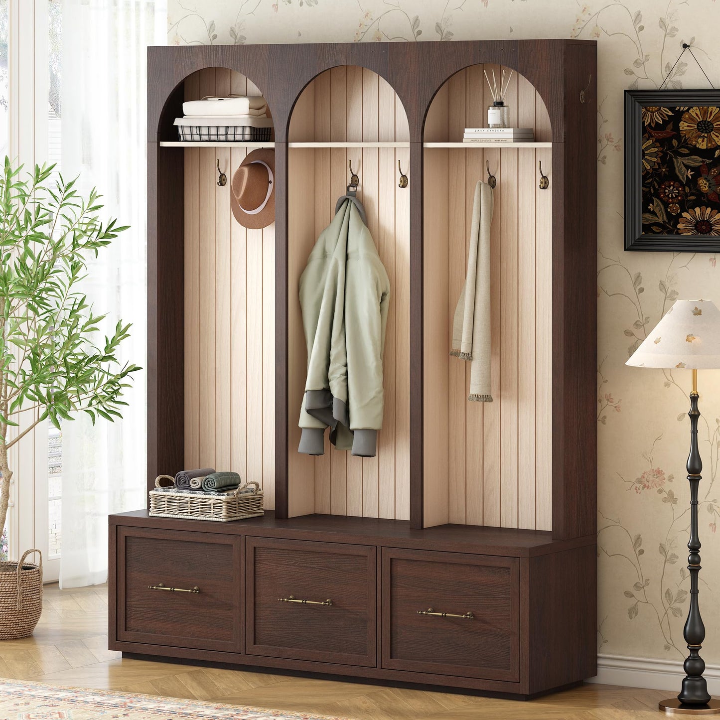 Merax Farmhouse Wood Hall Tree with Shoe Bench and 3 Drawers, 4-in-1 Entryway Coat Rack with 8 Hooks for Entrance, Hallway, Mudroom Dark Walnut