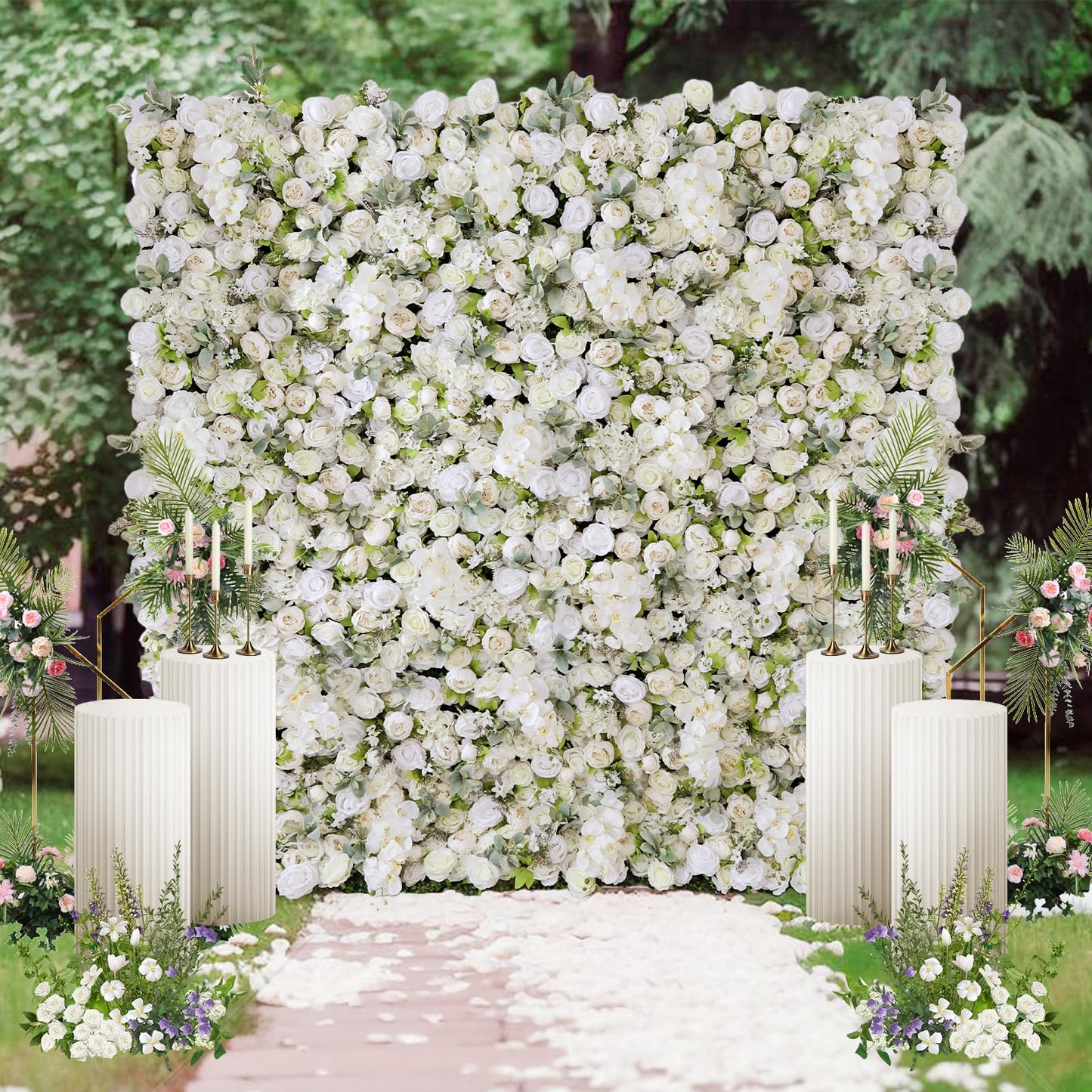 flora shining Artificial White Rose Flower Wall Panel, 94.5 x 94.5 inches, Wedding & Event Backdrop Decoration