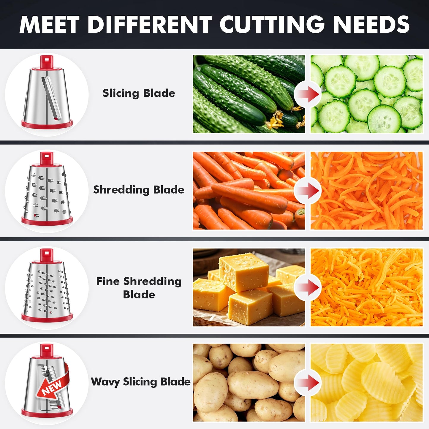 Geedel Rotary Cheese Grater - Upgraded Vegetable Shredder with 4 Interchangeable Blades, Easy to Clean Cheese Shredder with Handle, Kitchen Grater Nuts Grinder for Cutting Cheese, Vegetable, Nuts