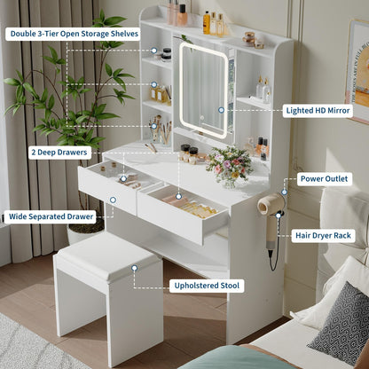 GAOMON Vanity Desk with Mirror and Lights, Upholstered Vanity Stool, Power Outlets & Hairdryer Holder, Makeup Vanity Set with Adjustable 3 Color Lights Modes for Bedroom Girls Gifts, White