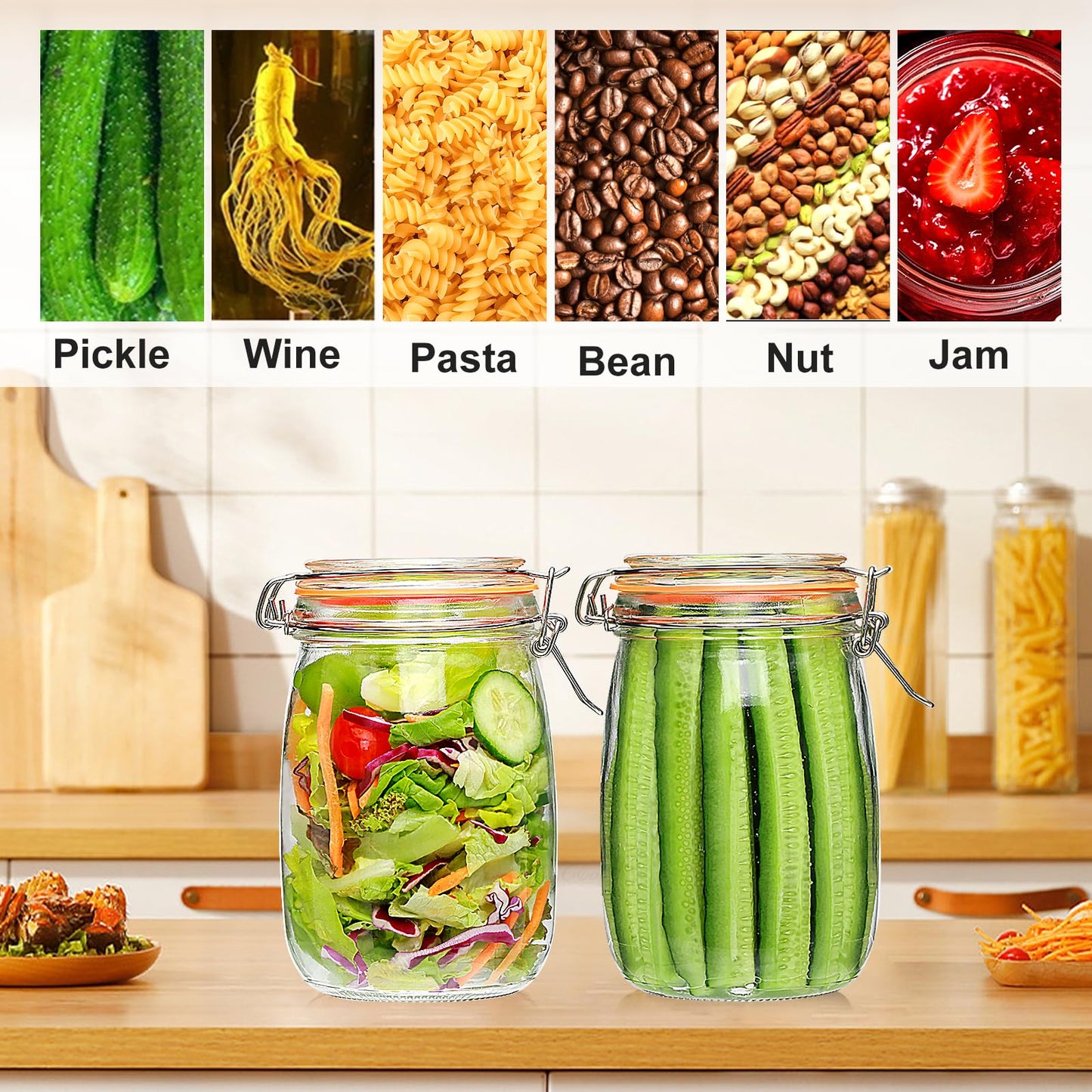 Encheng 32 oz Wide Mouth Mason Jars with Airtight Hinged Lids, Large Glass Jar with Lid for Pickling, Fermentation, Canning, Food Storage – Set of 4 Glass Storage Containers
