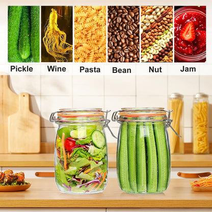Encheng 32 oz Wide Mouth Mason Jars with Airtight Hinged Lids, Large Glass Jar with Lid for Pickling, Fermentation, Canning, Food Storage – Set of 4 Glass Storage Containers