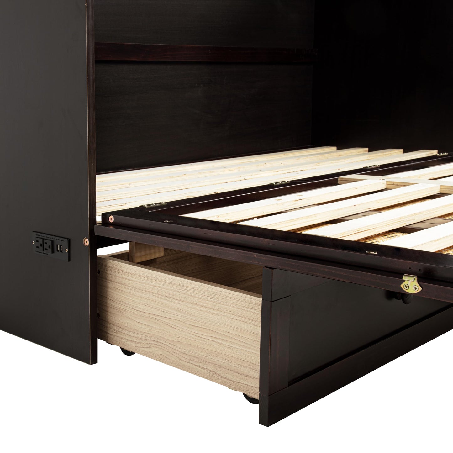 KEIKI Queen Murphy Bed w/Rattan Doors & Drawers, Space-Saving Foldable Wall Bed w/USB, Foldable Hidden Bed, Farmhouse Boho Style Guest & Living Room Bed, Espresso