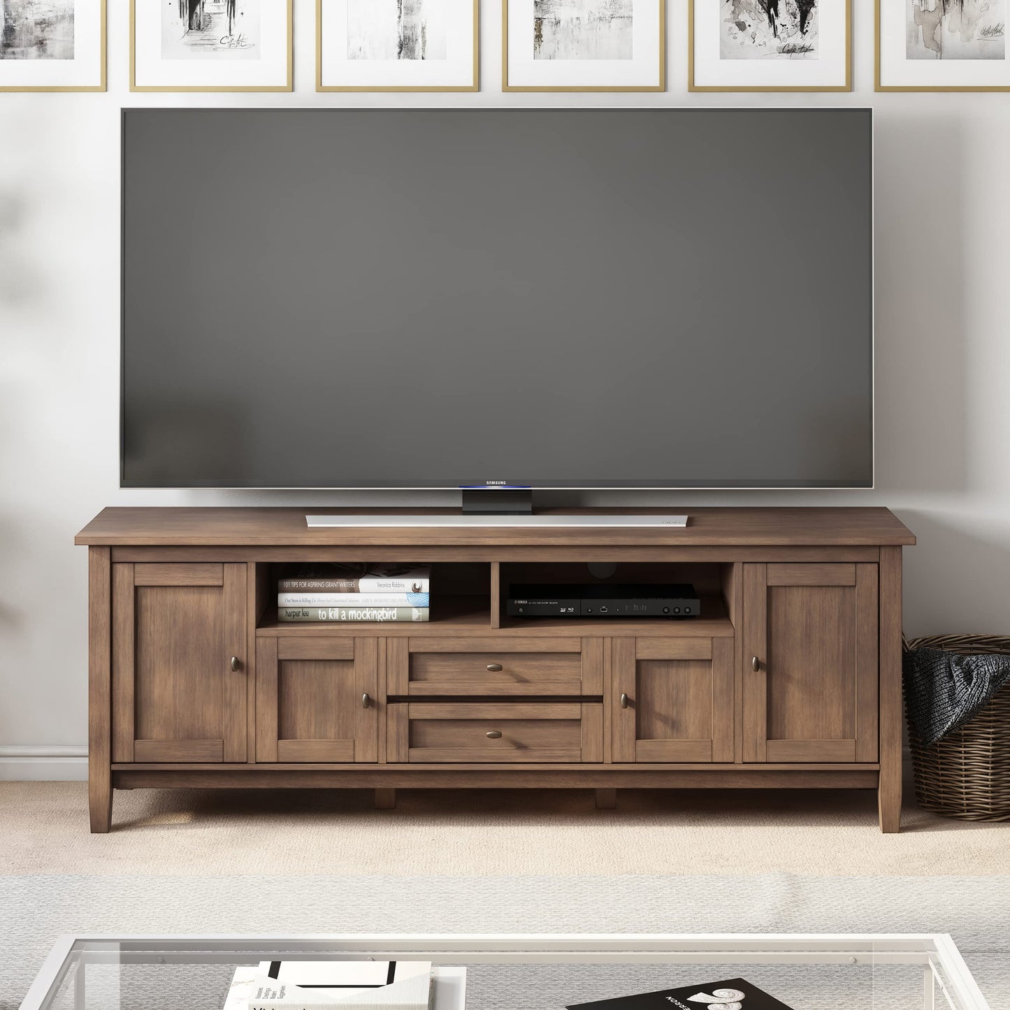 SIMPLIHOME Warm Shaker TV Stand - 72 inch Wide Solid Wood Media Console in Rustic Natural Aged Brown, Transitional Entertainment Center for Living Room for TVs up to 80 Inches with Cable Management