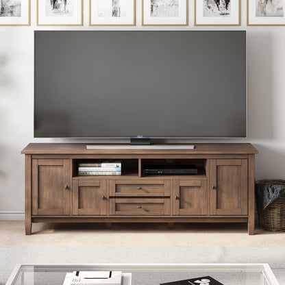 SIMPLIHOME Warm Shaker TV Stand - 72 inch Wide Solid Wood Media Console in Rustic Natural Aged Brown, Transitional Entertainment Center for Living Room for TVs up to 80 Inches with Cable Management