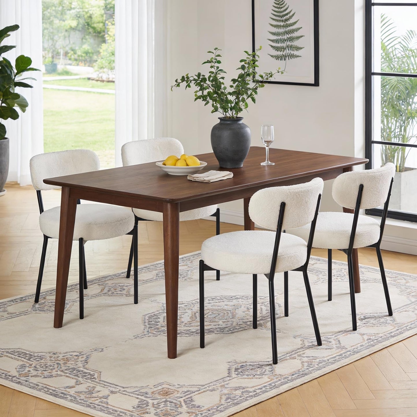 DUMOS Dining Chairs Set of 6, Mid Century Modern Chair Round Upholstered Curved Backrest, Kitchen Vanity Living Room Chairs with Black Metal Legs，Classic Beige