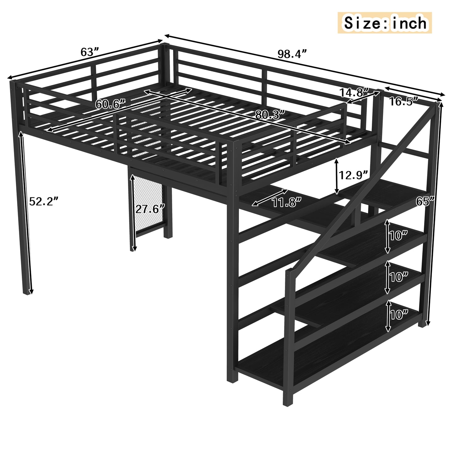 Bellemave Queen Loft Bed with Desk & Storage Stairs, Metal Queen Size Loft Bed Frame with Iron Nets, LED Lights & USB Ports, Heavy Duty Adult LoftBed for Bedroom, Noise-Free, Black Wood