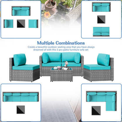 Shintenchi 5 Pieces Outdoor Patio Furniture Sets, Patio Sectional Sofa Couch, Gray PE Wicker Furniture Modular Patio Conversation Sets Patio Sofa with Washable Cushions & Table（Blue）