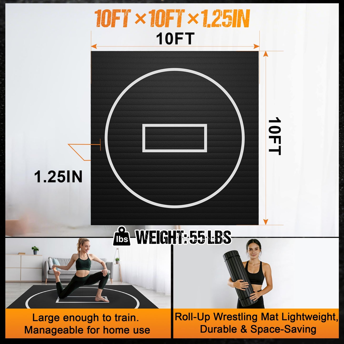 GianToucan Wrestling Mat for Home, 10’x 10’x 1.25” Grappling Mat for Wrestling, MMA, BJJ, Jiu Jitsu, Judo, Gym, Roll-Up Wrestling Practice Mat for Kids & Adults，Easy to Clean Indoor/Outdoor, Black