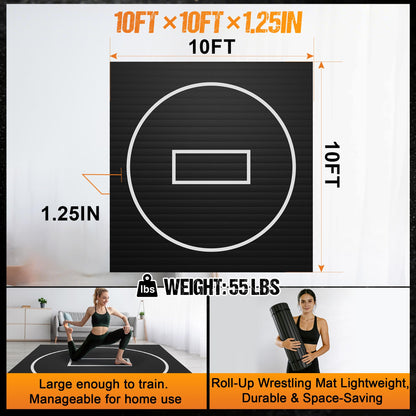 GianToucan Wrestling Mat for Home, 10’x 10’x 1.25” Grappling Mat for Wrestling, MMA, BJJ, Jiu Jitsu, Judo, Gym, Roll-Up Wrestling Practice Mat for Kids & Adults，Easy to Clean Indoor/Outdoor, Black