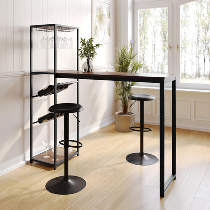 Flash Furniture Jura Metal Bar and Wine Table with Bottle and Stemware Storage, 2 Slanted Bottle Shelves, 3 Stemware Hangers, Waterproof Table Top, Black/Walnut