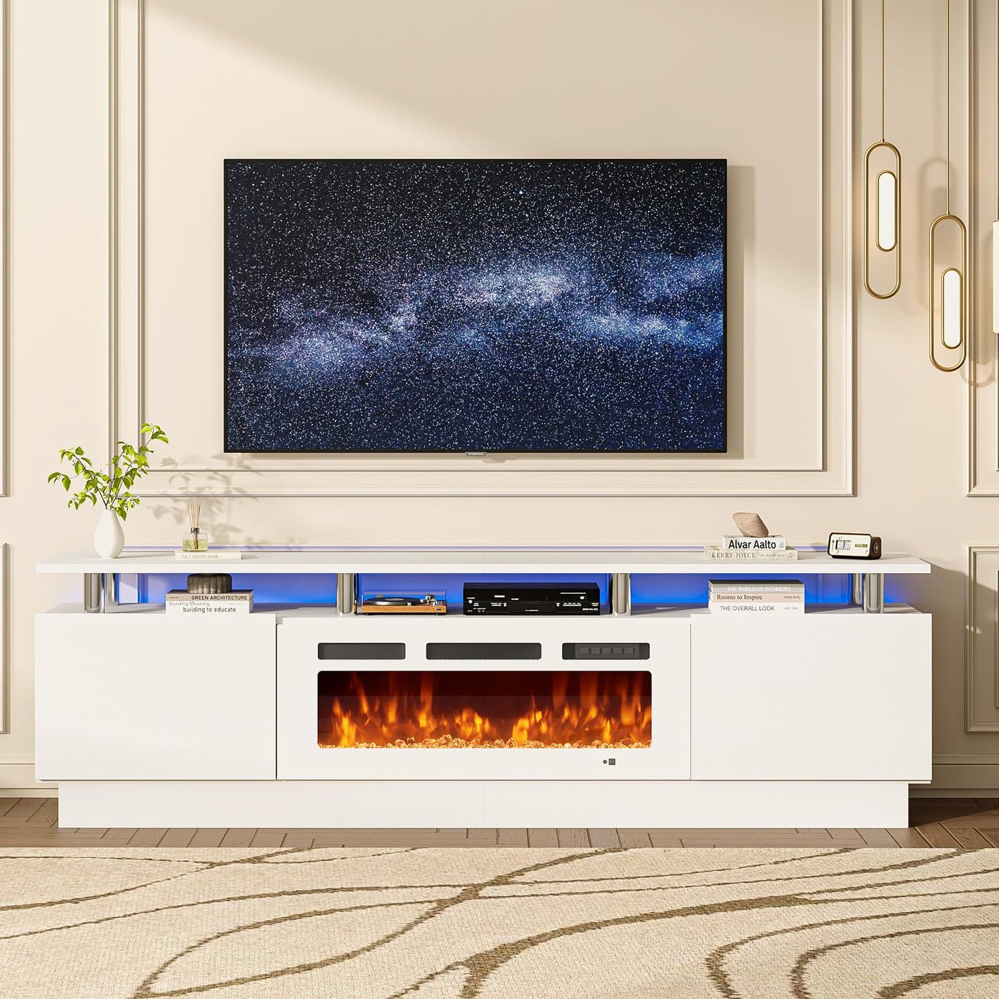 MXV 80" Fireplace TV Stand, Modern Entertainment Center & 36 Inch Electric Fireplace with Remote Control, LED Light, Fire Place Tv Stand for Living Room for TVs up to 90", White + White