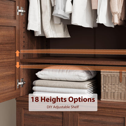 GarveeHome 72" Tall Armoire Wardrobe Closet with 4 Doors, Large Wooden Wardrobe Cabinet with Hanging Rod and Adjustable Shelves, Freestanding Clothing Storage Cabinet for Bedroom, Walnut Brown