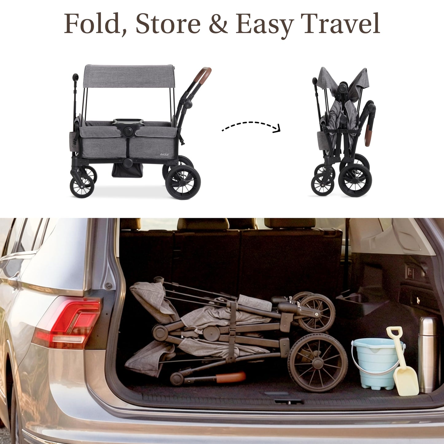 Evolur Trailblazer Wagon Double Stroller in Grey, Foldable Infant and Toddler Stroller Wagon, 5-Point Harness, Removable Canopy, All-Terrain Wheels, Spacious Storage for 2 Kids