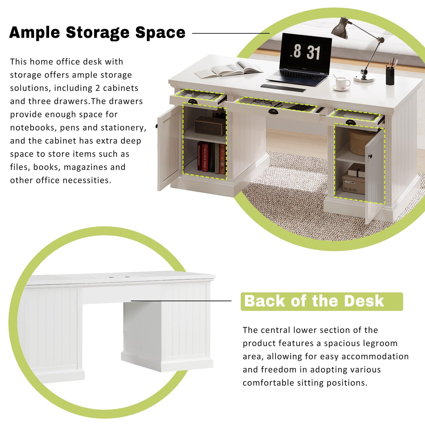 Merax 67" Modern Executive Desk, Computer Desk with 2 Wooden Doors Storage Cabinet and 3 Drawers, Rectangle Home Office Desk Reading Desk Writing Table Workstation for Study Living Room Office, White