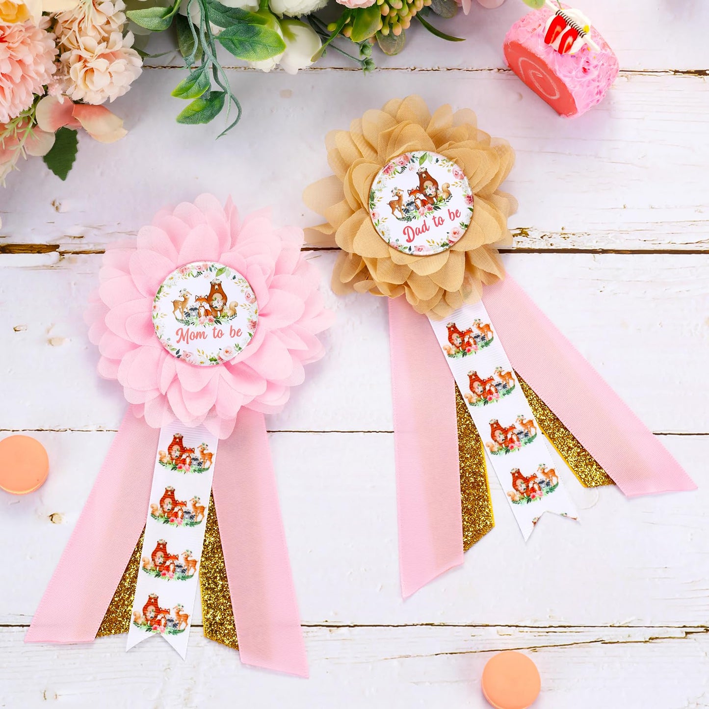 JOYMEMO Pink Woodland Animal Baby Shower Maternity Sash Kit - Woodland Theme Baby Shower Belly Belt and Mom to Be & Dad to Be Corsage Pins, Pregnancy New Parents Photo Props Party Supplies