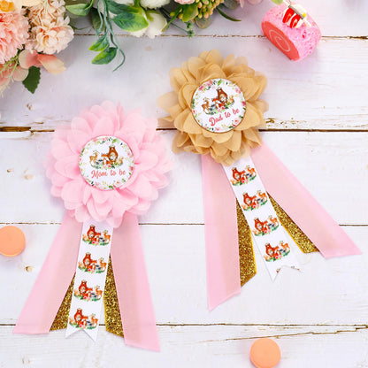 JOYMEMO Pink Woodland Animal Baby Shower Maternity Sash Kit - Woodland Theme Baby Shower Belly Belt and Mom to Be & Dad to Be Corsage Pins, Pregnancy New Parents Photo Props Party Supplies