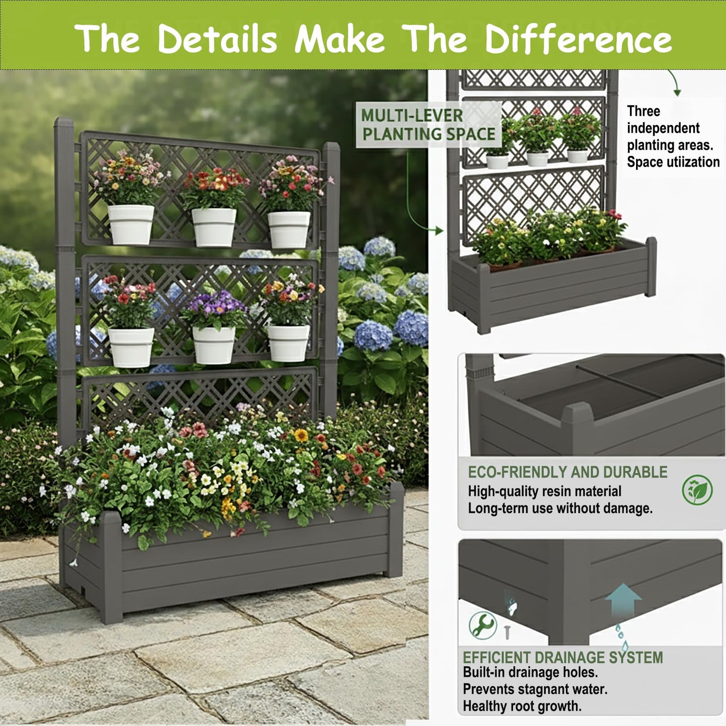 Tramull 5.' Tall Raised Garden Bed with Trellis, Self Watering Planter Box for Outdoor Climbing Plants Resin Garden Lattice for Vegetables, Flowers, Tomato & Vine with Drainage Holes (Coffee, 2 Pack)