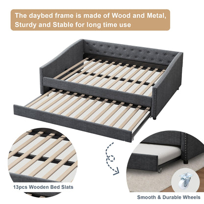 Ball & Cast Full Size Upholstered Tufted Daybed with Twin-Size Trundle, Bed Frame w/Button Tufted Back and Waved Shape Arms,for Bedroom,Guest Room,Apartment,Dark Grey
