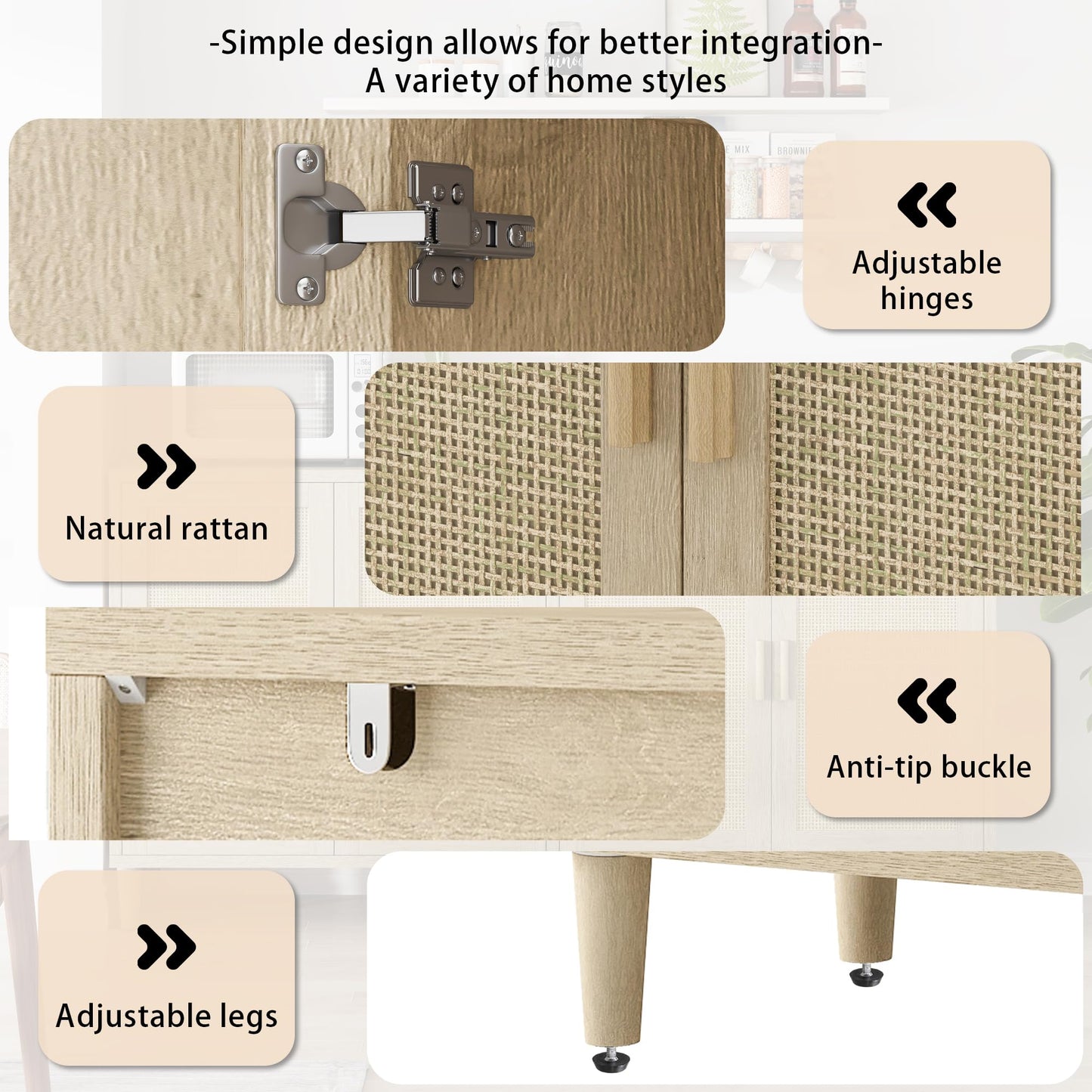 GDFStudio 70.08" Modern 4-Door Sideboard Buffet Cabinet, Rattan MDF Credenza Storage Cabinet with Adjustable Shelves, Bohe Console Table with Solid Wood Legs for Living Room Kitchen Hallway, Natural