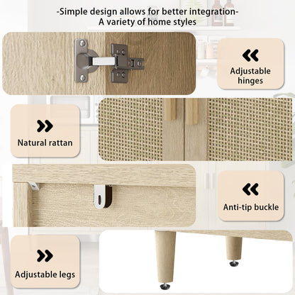 GDFStudio 70.08" Modern 4-Door Sideboard Buffet Cabinet, Rattan MDF Credenza Storage Cabinet with Adjustable Shelves, Bohe Console Table with Solid Wood Legs for Living Room Kitchen Hallway, Natural