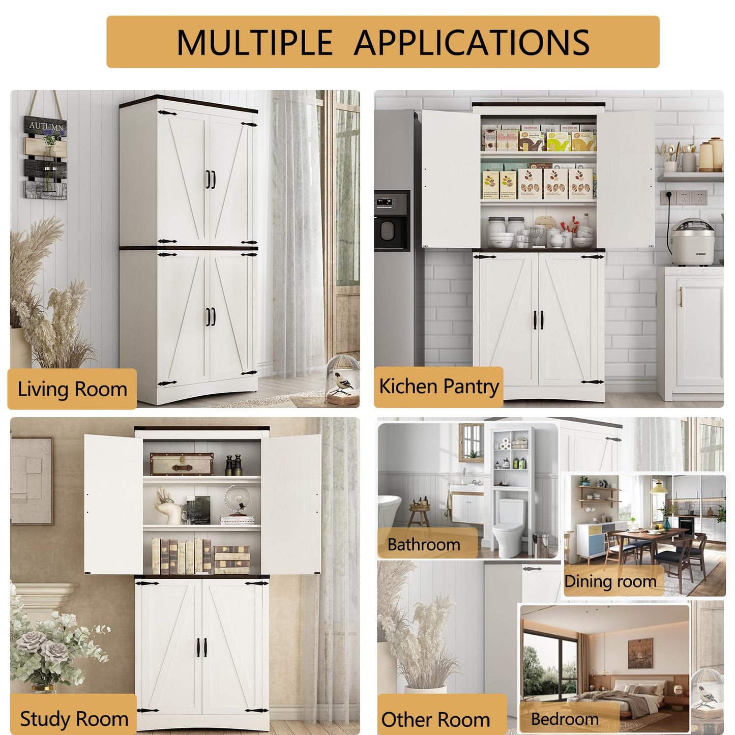 Hlivelood 71" Tall Kitchen Pantry,Farmhouse Storage Cabinet with Adjustable Shelves,Load-Bearing Steel Pipe,Farmhouse Pantry Cabinet with 4 Barn Doors,for Kitchen,Dining Room,Living Room(Rustic White)