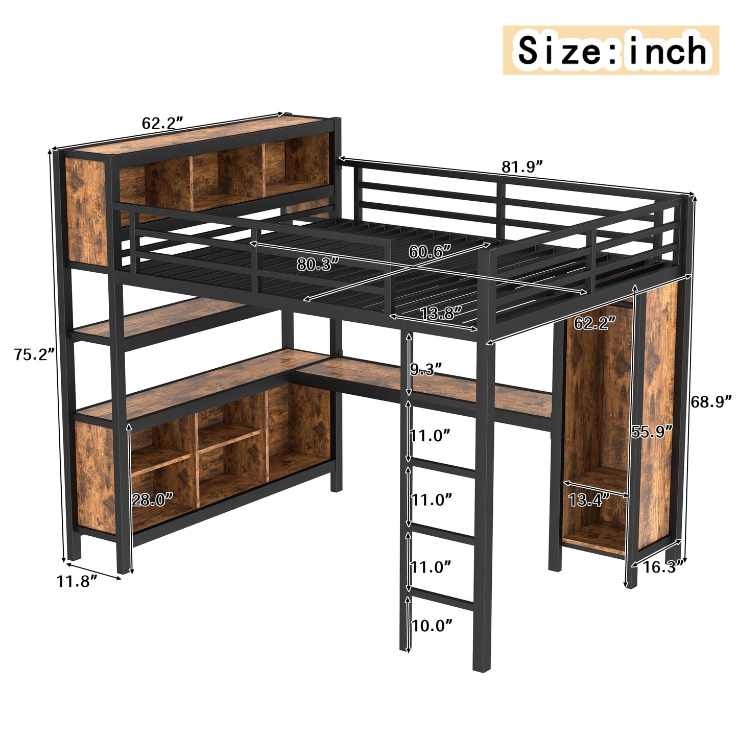 Ball & Cast Metal Loft Bed with Wardrobe and L-Shaped Desk,Queen Size Loft Bed with Storage Cubes and Shelves,Heavy Duty Loft Bed Frame for Kids Teens Adults,No Box Spring Need,Black+Brown