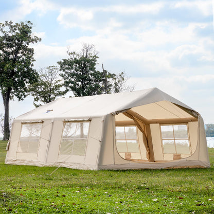 WaldZimmer 17sq Beige Inflatable Camping Tent with Hand Pump Easy Setup Waterproof Windproof Outdoor Blow up Tent 8-12 Person Oxford 4 Season Glamping Air Tents Cabin House with Mesh Windows & Door