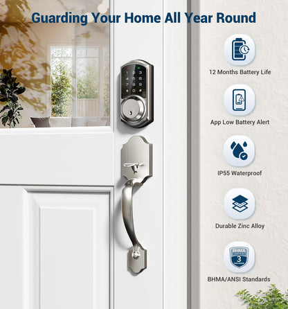Veise VE06-H Smart Front Door Lock Set, App Control, Keyless Entry Deadbolt with Lever Handle, Electronic Digital Touchscreen Keypad, Auto Lock, Easy Install, Matte Black