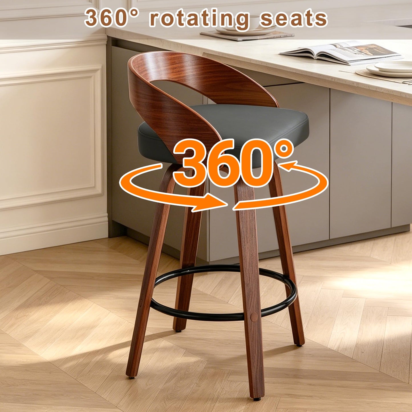 Phent zari Swivel Bar Stools, Mid Century Modern Bar Chairs Island Stools for Kitchen Counter, 25" Upholstered Faux Leather Counter Height Barstools with Walnut Back & Bentwood Legs (4, Grey)