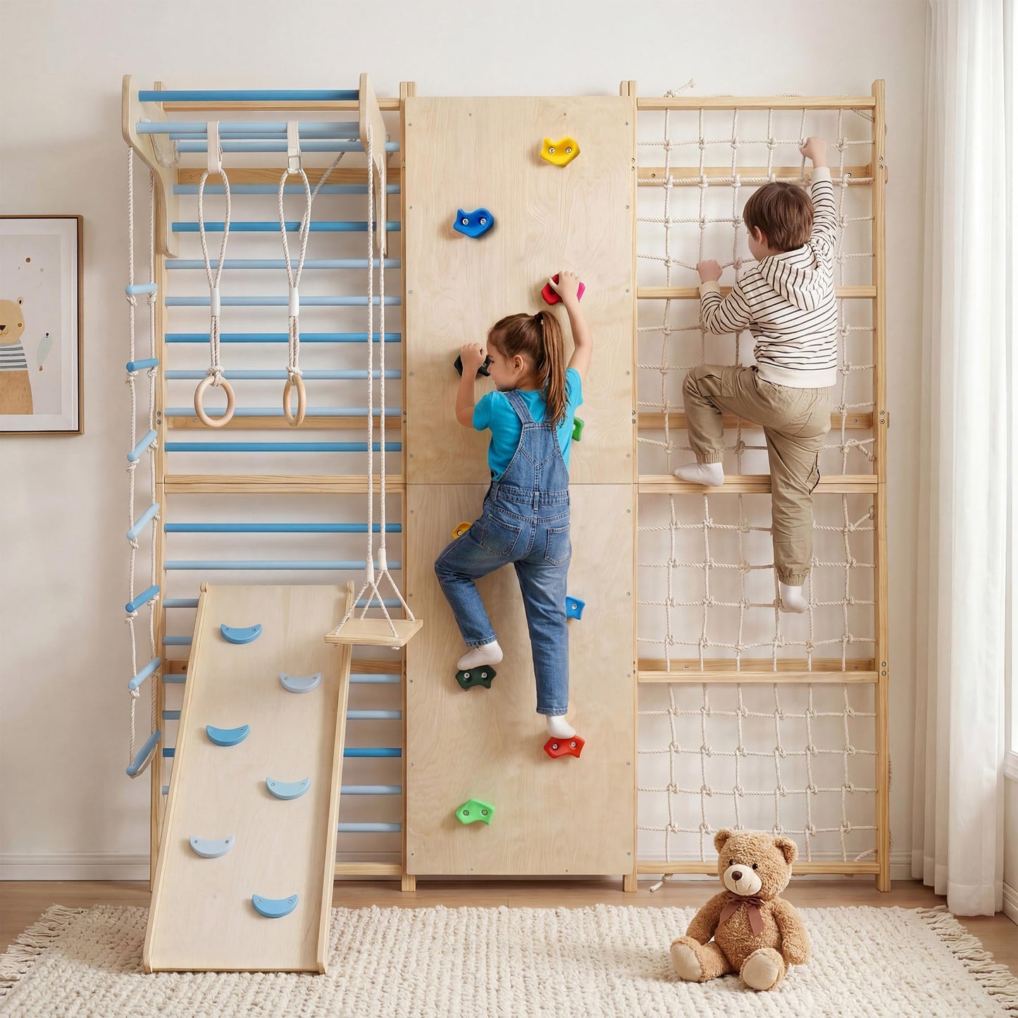 ActiveTrail Multi-Functional Swedish Ladder Wall Gym, 94.5'' Wooden Wall-Mounted Climbing Set with Slide, Swing, Rope, Rings, Monkey Bars, Indoor Playset for Kids and Adults