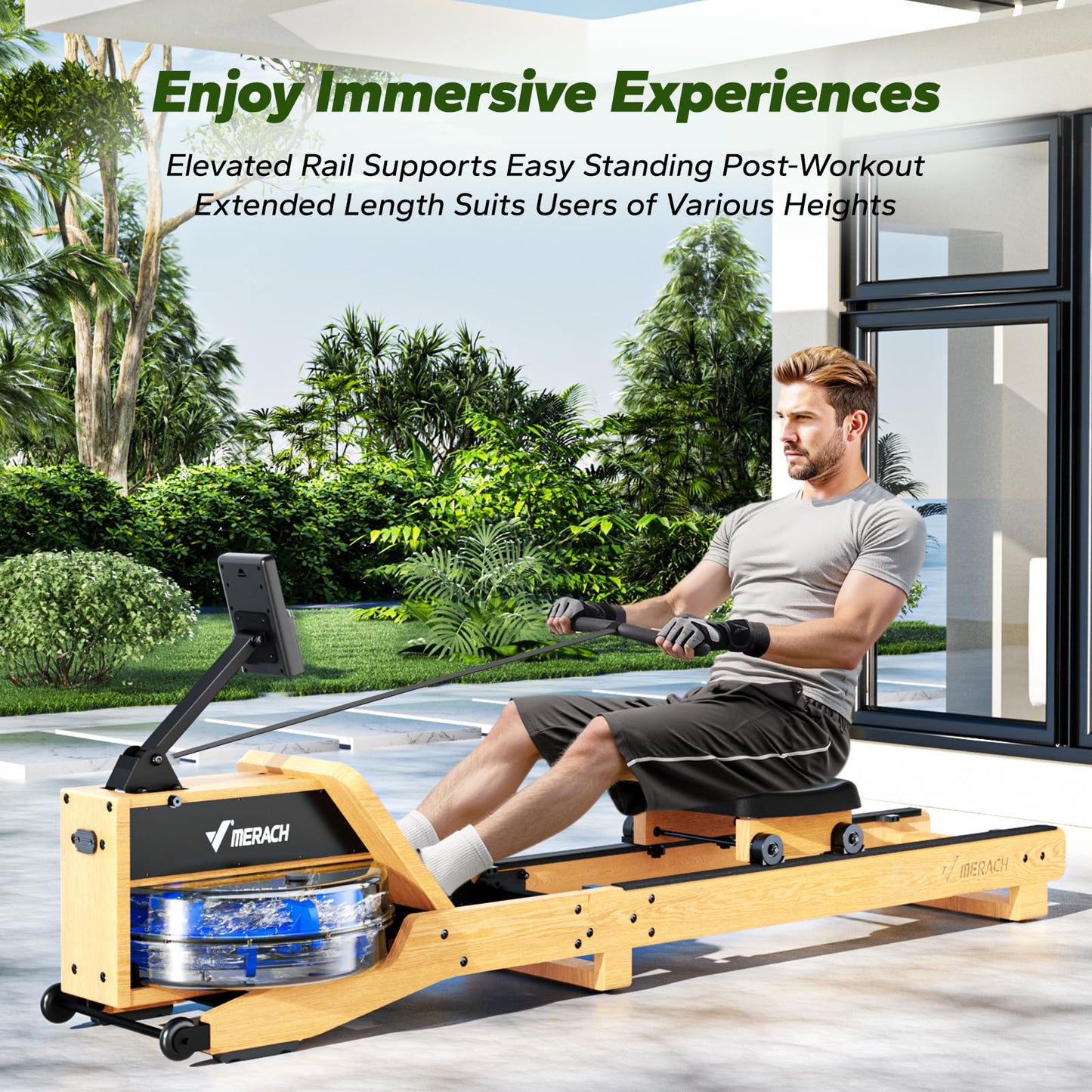 MERACH Water Rowing Machines for Home, Red Oak Wood Rower Machine with 12 Enhanced Resistance Blades, Upgraded Handle, Adjustable Footpad, Dedicated Monitor & Bluetooth App
