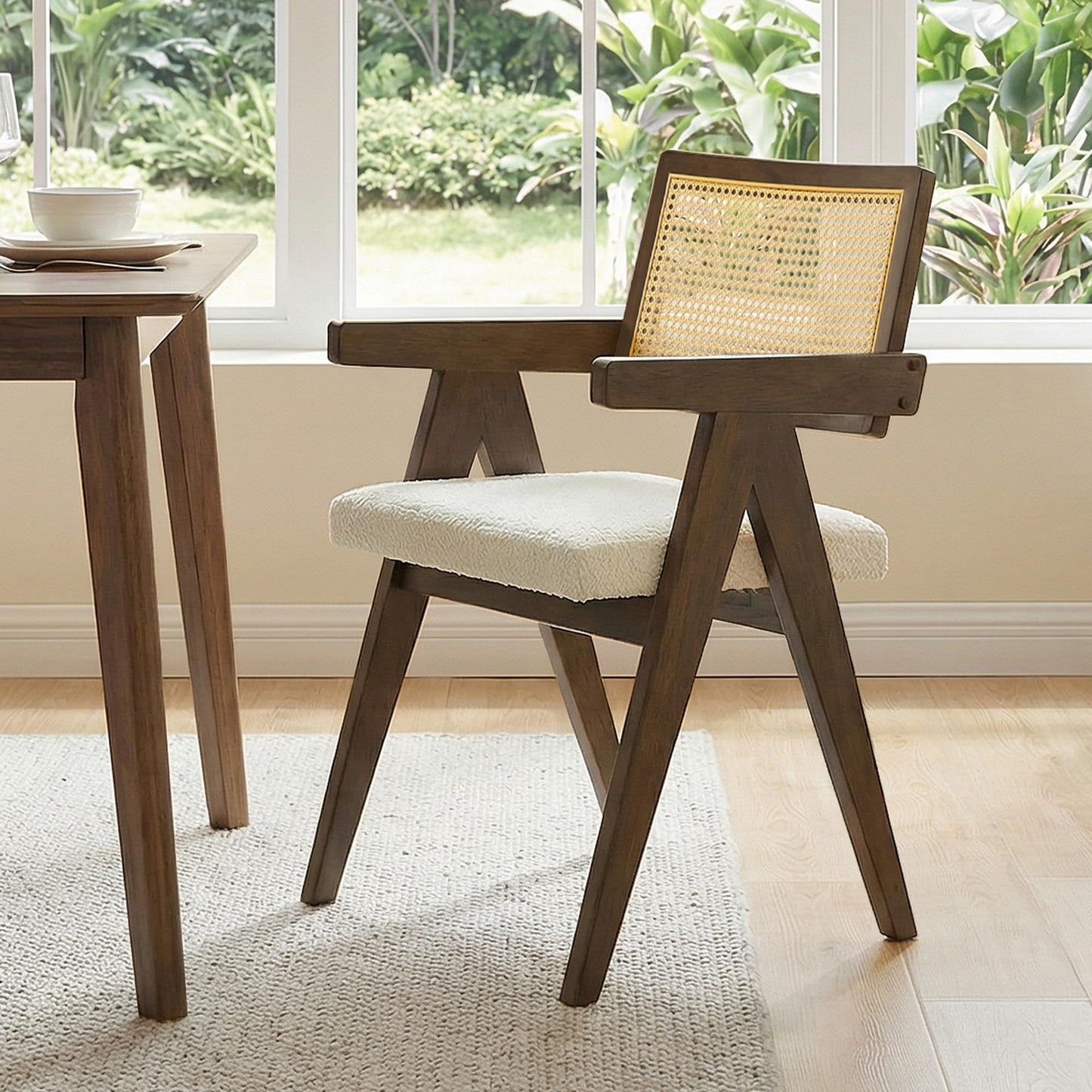 CHITA Rattan Dining Chairs Set of 4, Modern Dining Chair with 2.8inch Cushion, Rubberwood Frame Accent Chairs for Dining Room/Kitchen/Living Room, Walnut